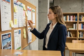 Étudiante analysant un tableau de classement des écoles d'ingénieurs dans un espace universitaire moderne