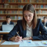 Étudiante comparant des classements d'écoles de commerce avec des brochures et un ordinateur portable dans une bibliothèque universitaire