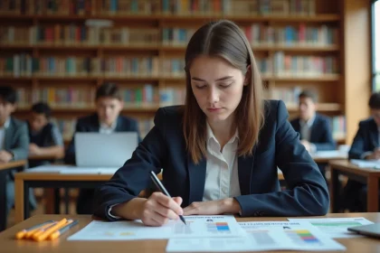 Étudiante comparant des classements d'écoles de commerce avec des brochures et un ordinateur portable dans une bibliothèque universitaire