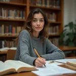 Étudiante en philosophie travaillant sur un brouillon de dissertation dans une bibliothèque universitaire