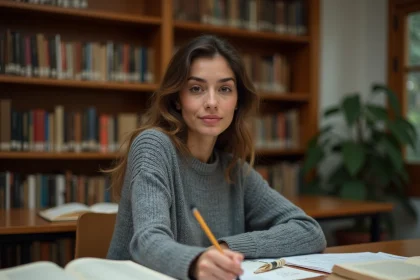 Étudiante en philosophie travaillant sur un brouillon de dissertation dans une bibliothèque universitaire