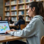 Étudiante consultant son emploi du temps universitaire sur un ordinateur portable dans une bibliothèque moderne