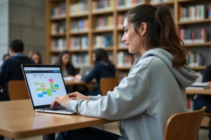 Étudiante consultant son emploi du temps universitaire sur un ordinateur portable dans une bibliothèque moderne