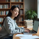 Étudiante connectée à l'ENT de Centrale Marseille pour consulter son espace candidat concours sur un ordinateur portable en bibliothèque universitaire
