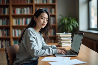 Étudiante connectée à l'ENT de Centrale Marseille pour consulter son espace candidat concours sur un ordinateur portable en bibliothèque universitaire