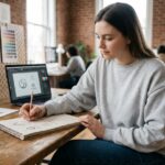 Étudiante en graphisme esquissant des concepts de logo dans un carnet, assise dans un studio de co-working avec des murs en brique et un tableau de références visuelles