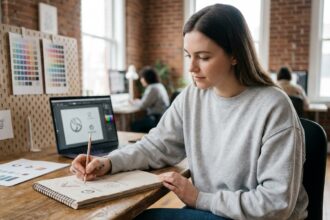Étudiante en graphisme esquissant des concepts de logo dans un carnet, assise dans un studio de co-working avec des murs en brique et un tableau de références visuelles