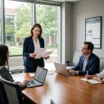Étudiante en MBA hôtellerie-restauration présentant un projet de management dans une salle de conférence moderne