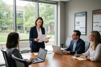Étudiante en MBA hôtellerie-restauration présentant un projet de management dans une salle de conférence moderne