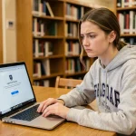 Étudiante frustrée devant un écran d'ordinateur affichant une erreur de connexion à l'ENT AMU en bibliothèque universitaire