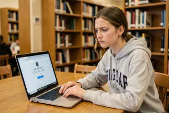 Étudiante frustrée devant un écran d'ordinateur affichant une erreur de connexion à l'ENT AMU en bibliothèque universitaire