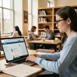 Étudiante consultant son portail universitaire mycampus sur un ordinateur portable dans une bibliothèque universitaire moderne