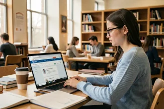 Étudiante consultant son portail universitaire mycampus sur un ordinateur portable dans une bibliothèque universitaire moderne