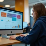Étudiante de première année utilisant la plateforme numérique My Digital Campus ESME sur un poste informatique en salle de travail universitaire