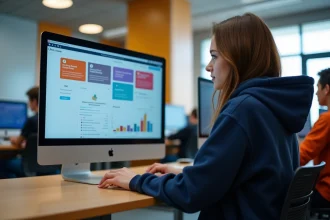 Étudiante de première année utilisant la plateforme numérique My Digital Campus ESME sur un poste informatique en salle de travail universitaire