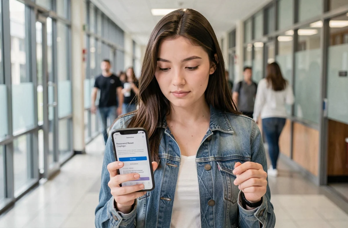 Étudiante soulagée consultant l'email de réinitialisation de son mot de passe ENT AMU sur son téléphone dans un couloir universitaire