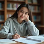 Étudiante vérifiant des équations mathématiques dans un cahier avec des manuels scolaires sur un bureau en bois en bibliothèque