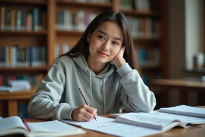 Étudiante vérifiant des équations mathématiques dans un cahier avec des manuels scolaires sur un bureau en bois en bibliothèque