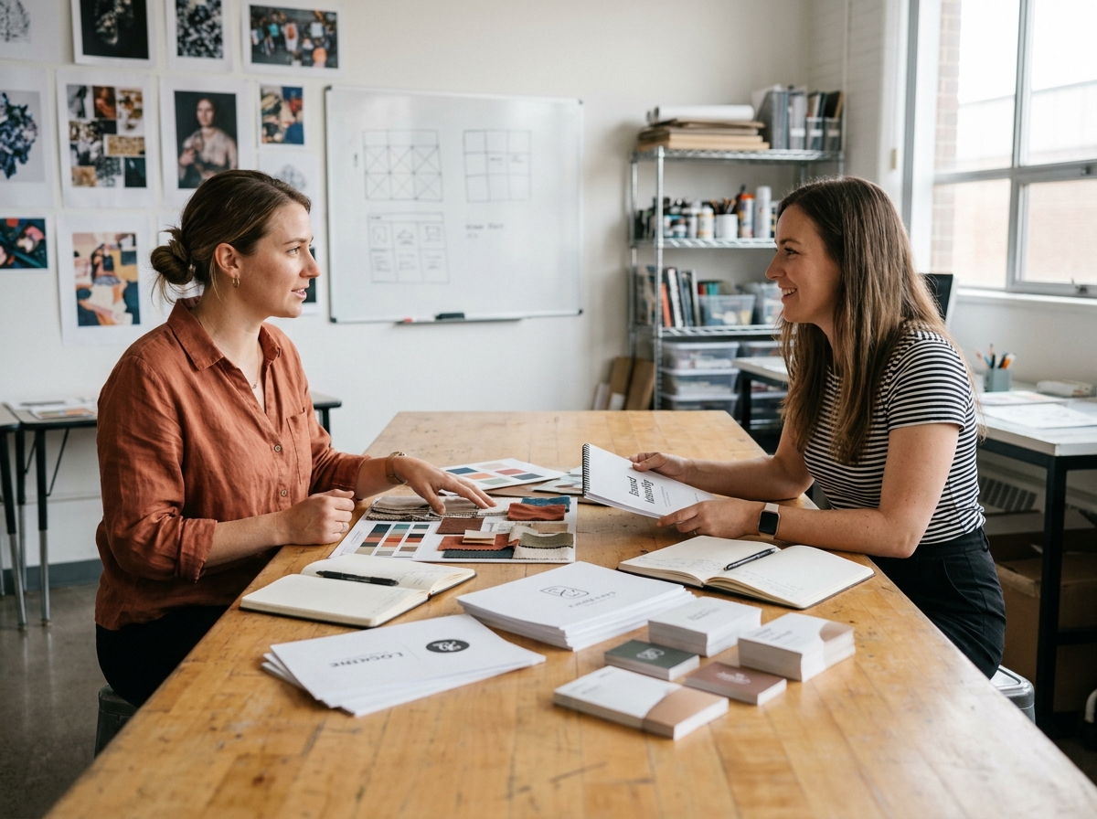 Deux étudiantes en design visuel collaborant autour de maquettes d'identité de marque et de planches d'ambiance dans un atelier pédagogique d'école de graphisme