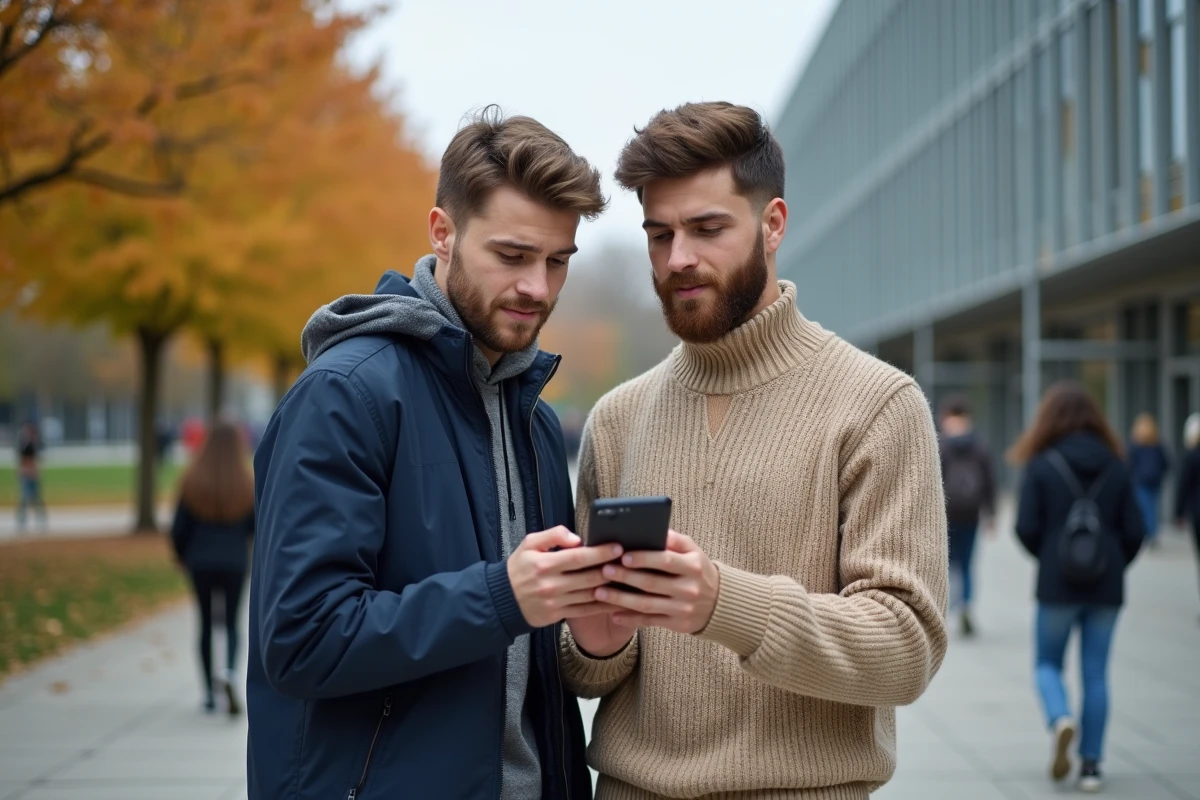 Deux étudiants consultant l'application d'emploi du temps de l'université d'Angers sur smartphone en extérieur