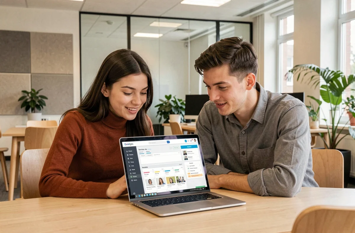 Deux étudiants collaborant sur un tableau de bord de services universitaires dans un espace de coworking moderne sur le campus