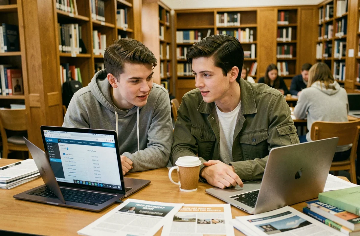 Deux étudiants comparant les classements des écoles d'ingénieurs sur ordinateur dans une bibliothèque universitaire