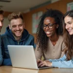 Groupe d'étudiants à l'IUT Bourges discutant autour d'un ordinateur