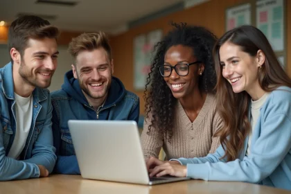 Groupe d'étudiants à l'IUT Bourges discutant autour d'un ordinateur