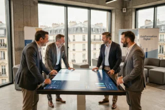 Groupe de professionnels participant à un événement de transition digitale organisé par ClubFormationDigital.fr à Paris, autour d'un écran tactile interactif