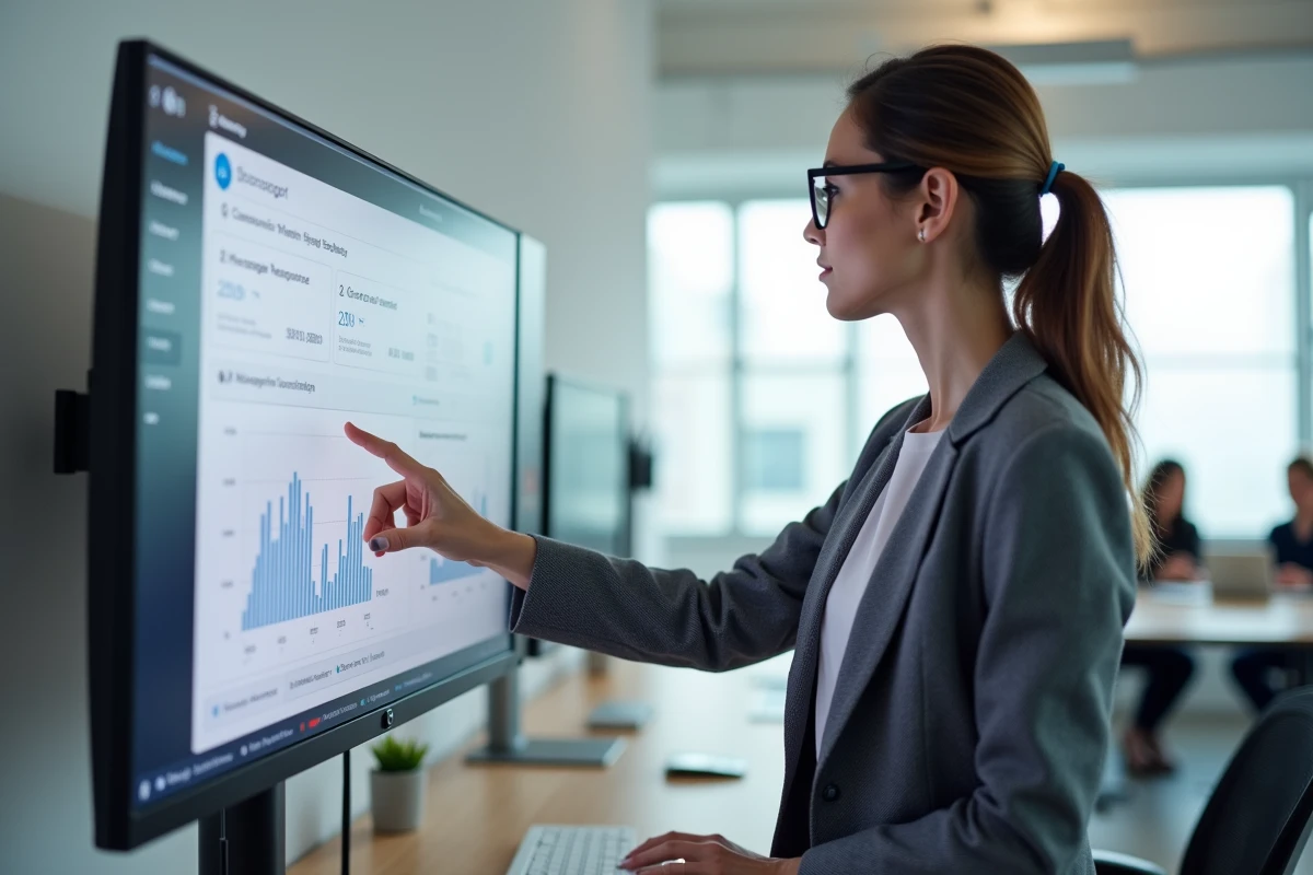 Femme experte en prospection LinkedIn analysant des statistiques de campagne sur un grand écran dans un espace coworking
