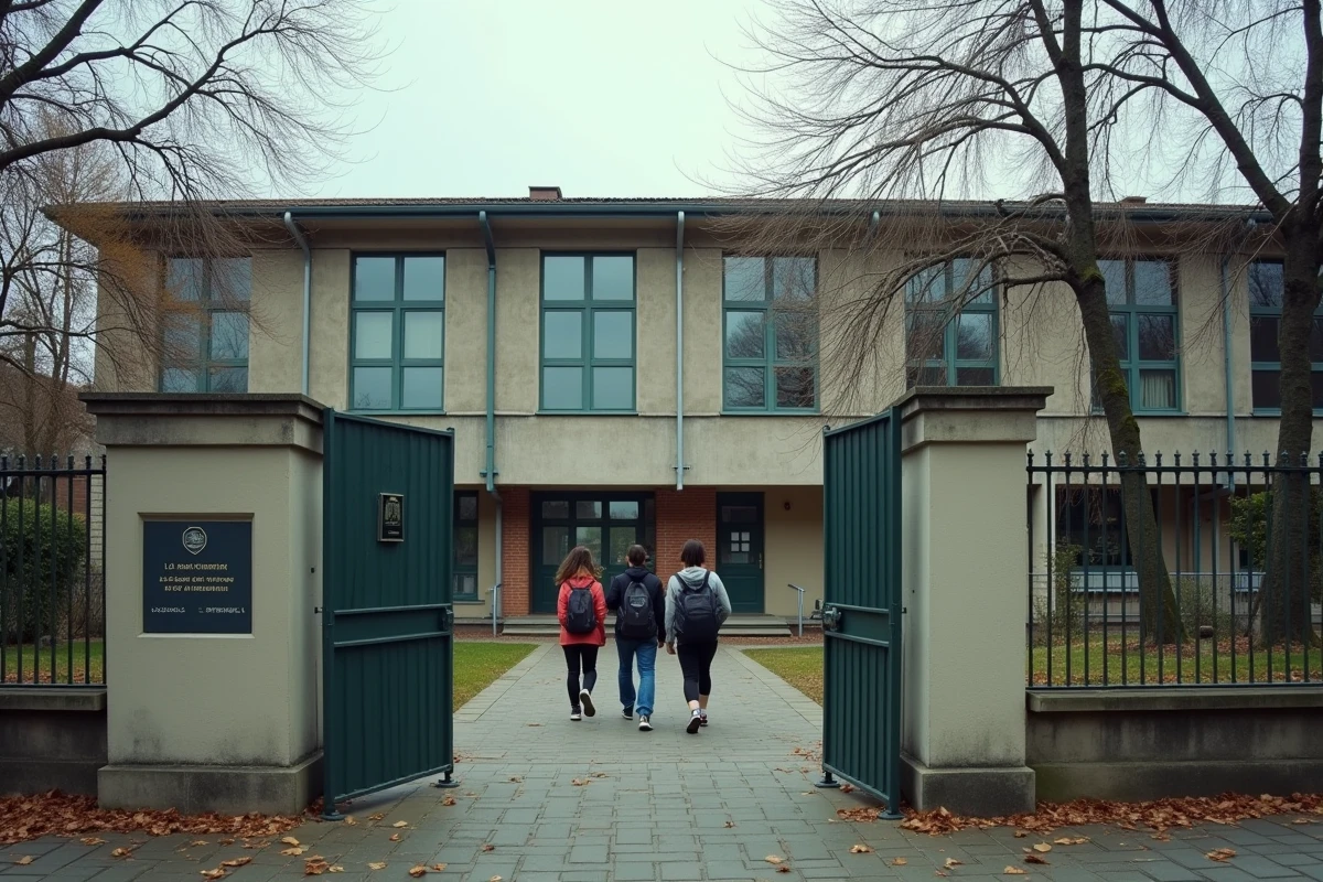 Façade d'un collège français avec cour d'entrée et plaque institutionnelle officielle portant un identifiant d'établissement
