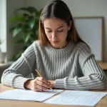 Femme adulte concentrée en train de passer un test de QI sur papier à son bureau à domicile