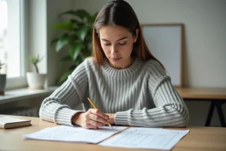 Femme adulte concentrée en train de passer un test de QI sur papier à son bureau à domicile