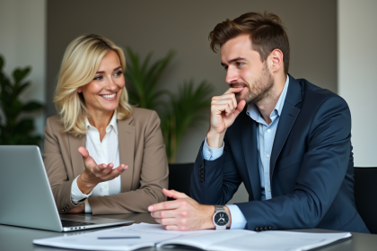Femme d'affaires et jeune homme en réunion au bureau