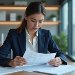 Femme en costume bleu examinant des documents financiers