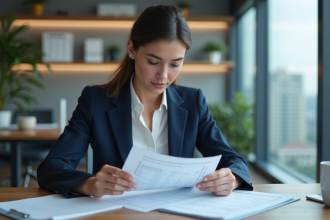 Femme en costume bleu examinant des documents financiers
