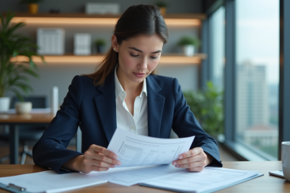 Femme en costume bleu examinant des documents financiers