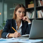 Femme concentrée analysant des graphiques de marché dans un bureau moderne
