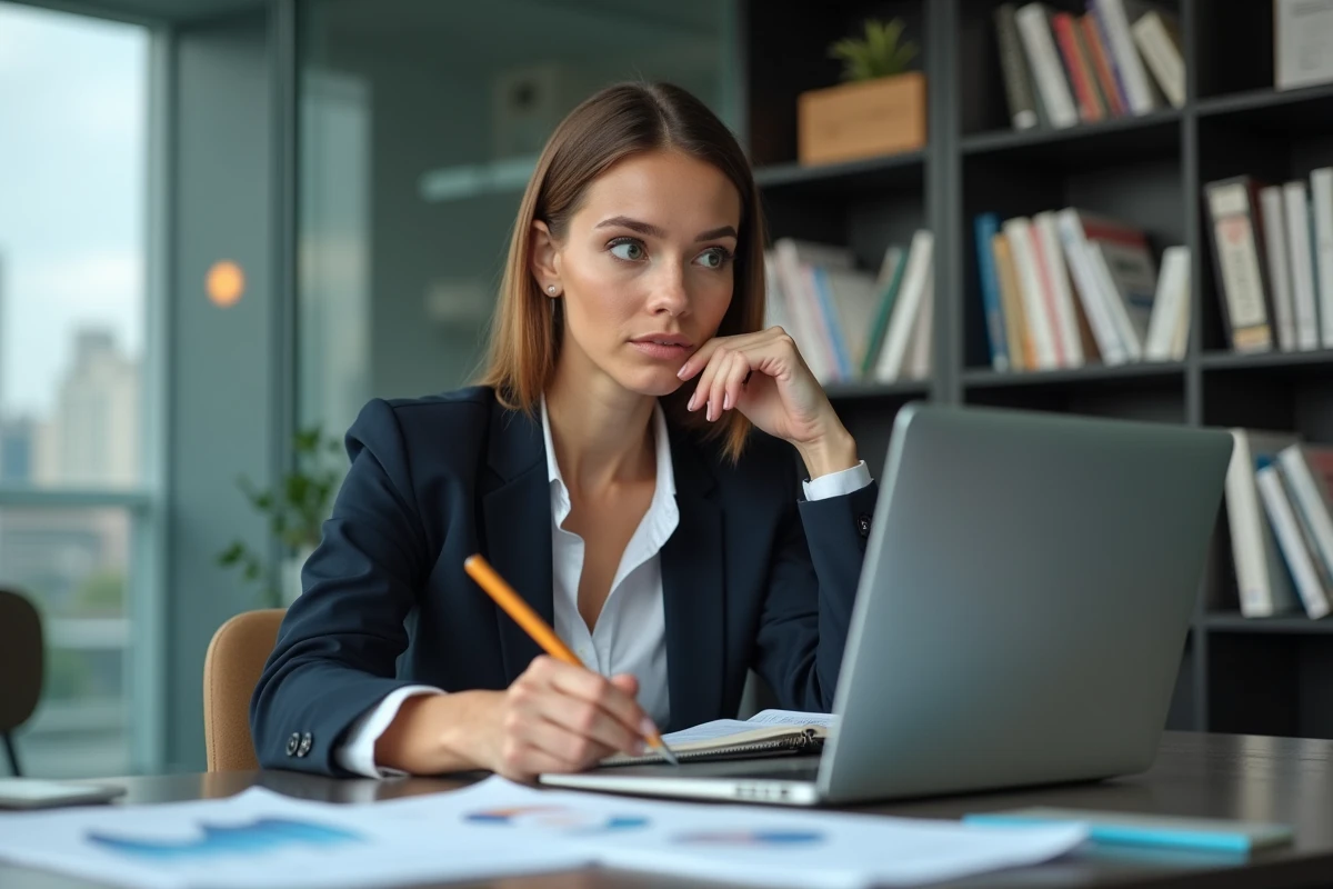 Femme concentrée analysant des graphiques de marché dans un bureau moderne