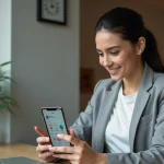Femme utilisant l'application Educ de Normandie sur smartphone Android dans un bureau à domicile