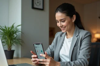 Femme utilisant l'application Educ de Normandie sur smartphone Android dans un bureau à domicile