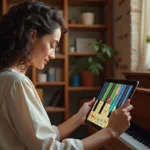 Femme apprenant le piano avec une tablette affichant une application de cours, assise devant un piano droit dans un salon cosy