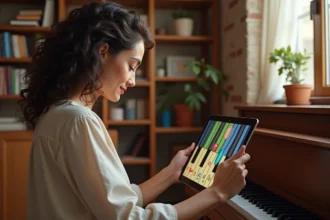 Femme apprenant le piano avec une tablette affichant une application de cours, assise devant un piano droit dans un salon cosy