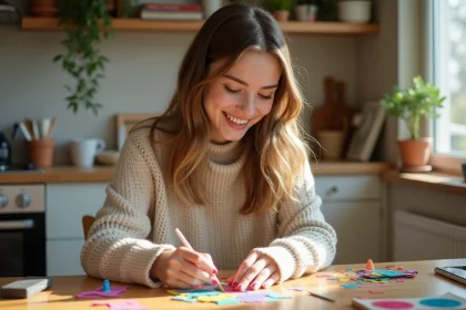 Jeune femme assemble un projet DIY dans sa cuisine lumineuse