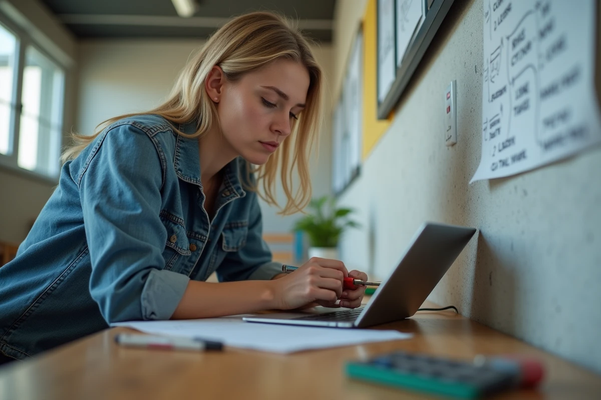 Femme branchant une prise électrique dans une salle de formation