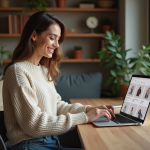 Femme souriante utilisant un ordinateur portable à la maison