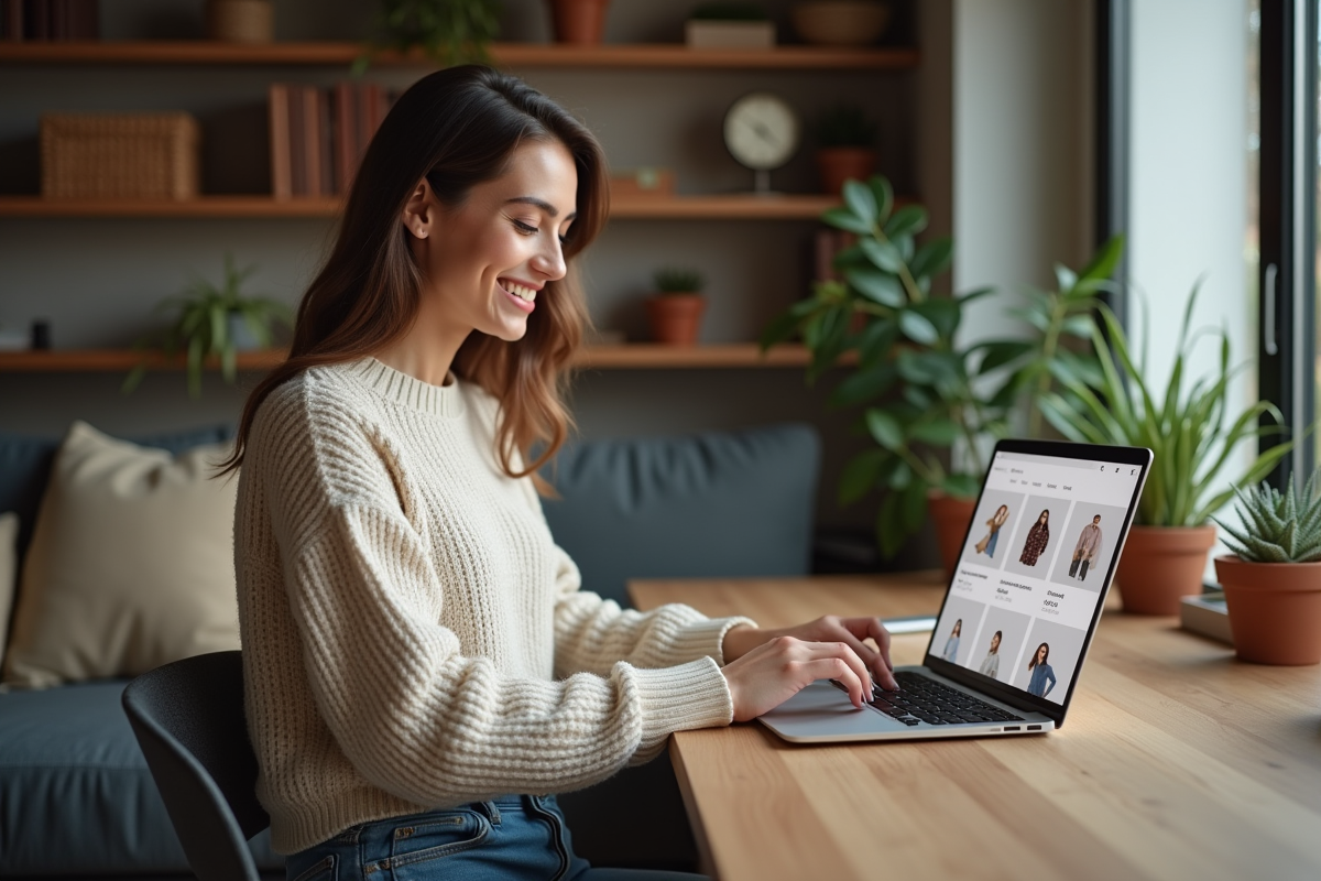 Femme souriante utilisant un ordinateur portable à la maison