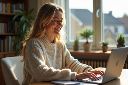 Femme en bureau à domicile confortable et lumineux
