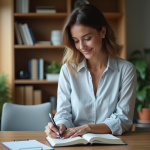 Femme d affaires dans un bureau moderne en train de lire un journal
