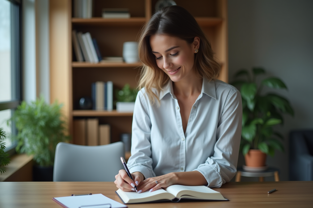 Femme d affaires dans un bureau moderne en train de lire un journal